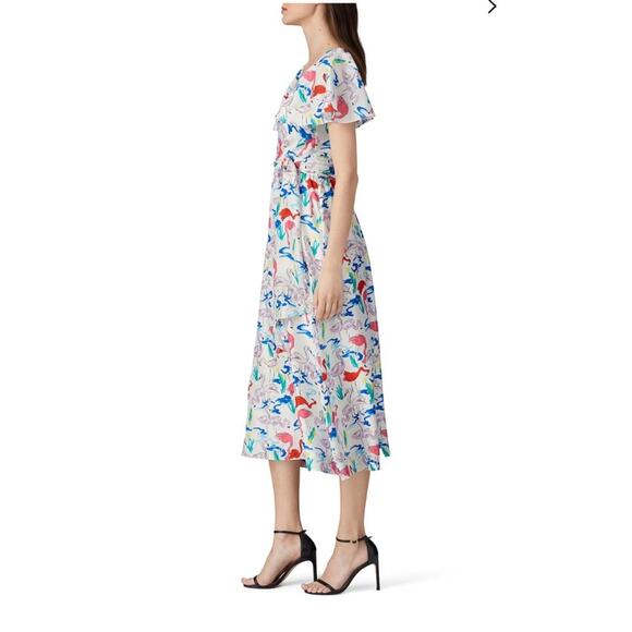 Tanya Taylor White Colorful Flamingo Wrap Bodice Teigan Silk Midi Dress 4 - Picture 3 of 9